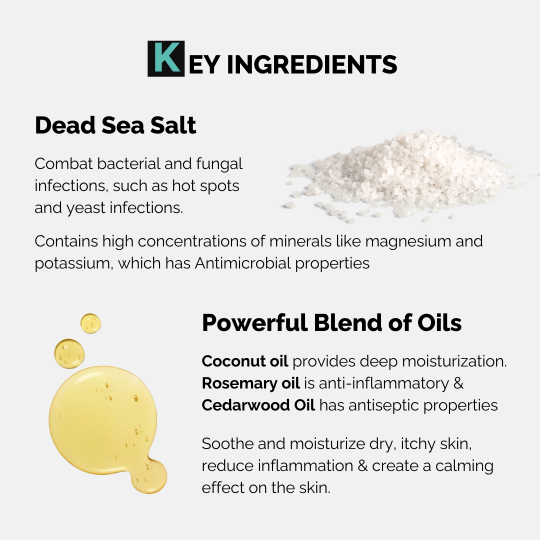 Moe Puppy Xtra Nourish Medicated Shampoo for Dogs & Cats key ingredients are dead sea salt and powerful blends of oils