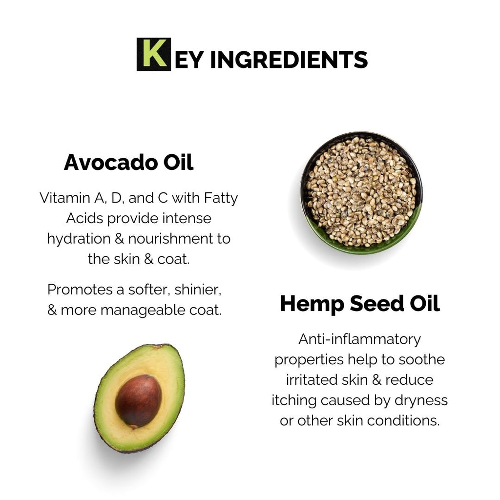 Moe Puppy Shampoo+conditioner, key ingredients avocado oil and hemp seed oil