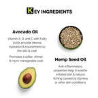 Moe Puppy Shampoo+conditioner, key ingredients avocado oil and hemp seed oil