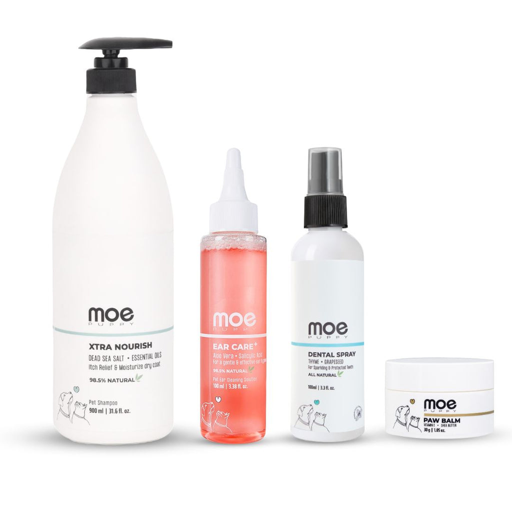 Moe Puppy xtra nourish shampoo, ear care, dental spray, paw balm