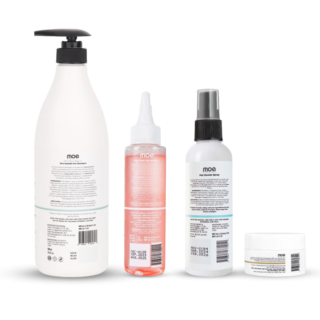 Moe Puppy xtra nourish shampoo, ear care, dental spray, paw balm from back