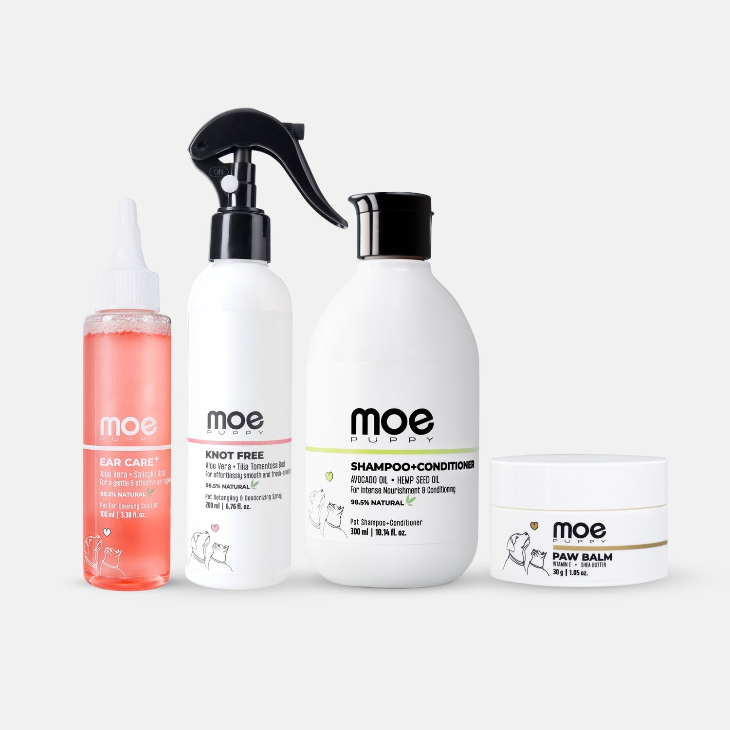 Moe puppy shampoo,knot free, paw bal. ear care bottle 
