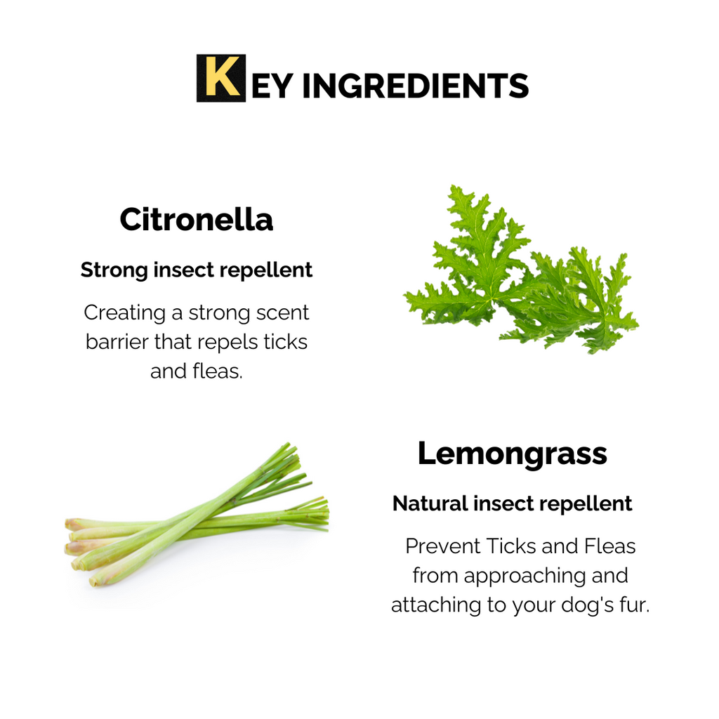 Moe Puppy Anti-tick spray, Key ingredients are citronella and lemongrass