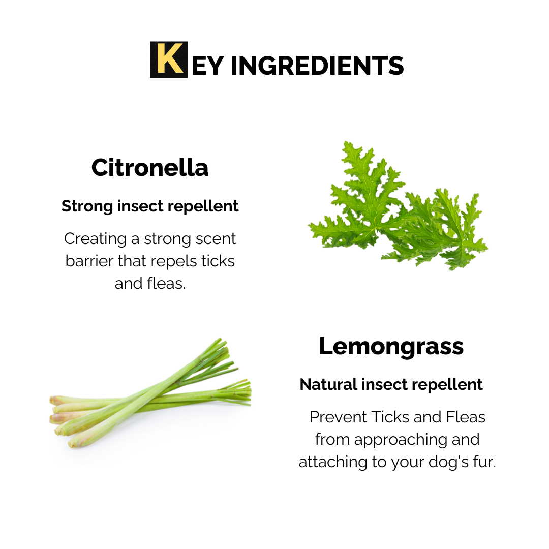 Moe Puppy Anti-tick spray, Key ingredients are citronella and lemongrass