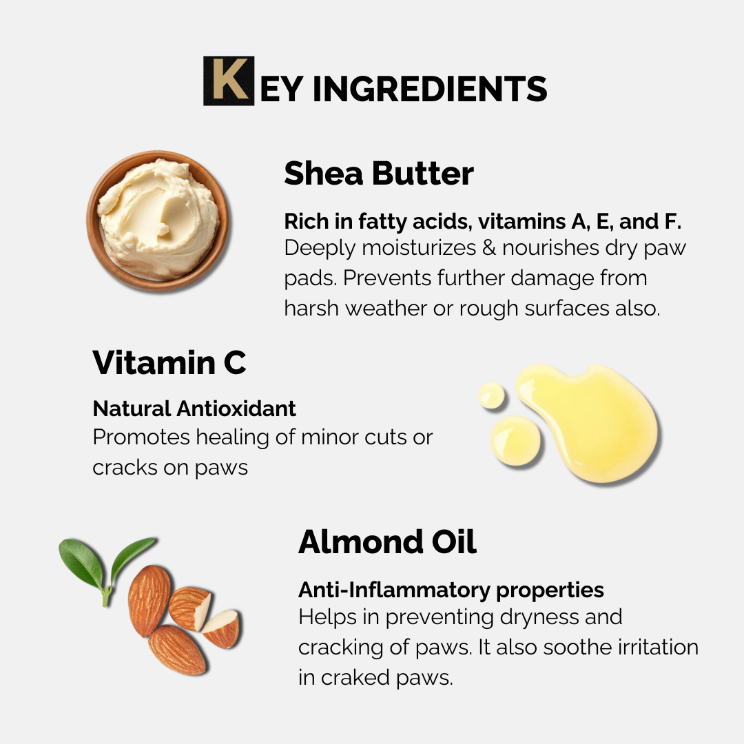 Moe Puppy Paw Balm, Paw cream for dogs and cats key ingredients are shea butter, vitamin C, Almond oil
