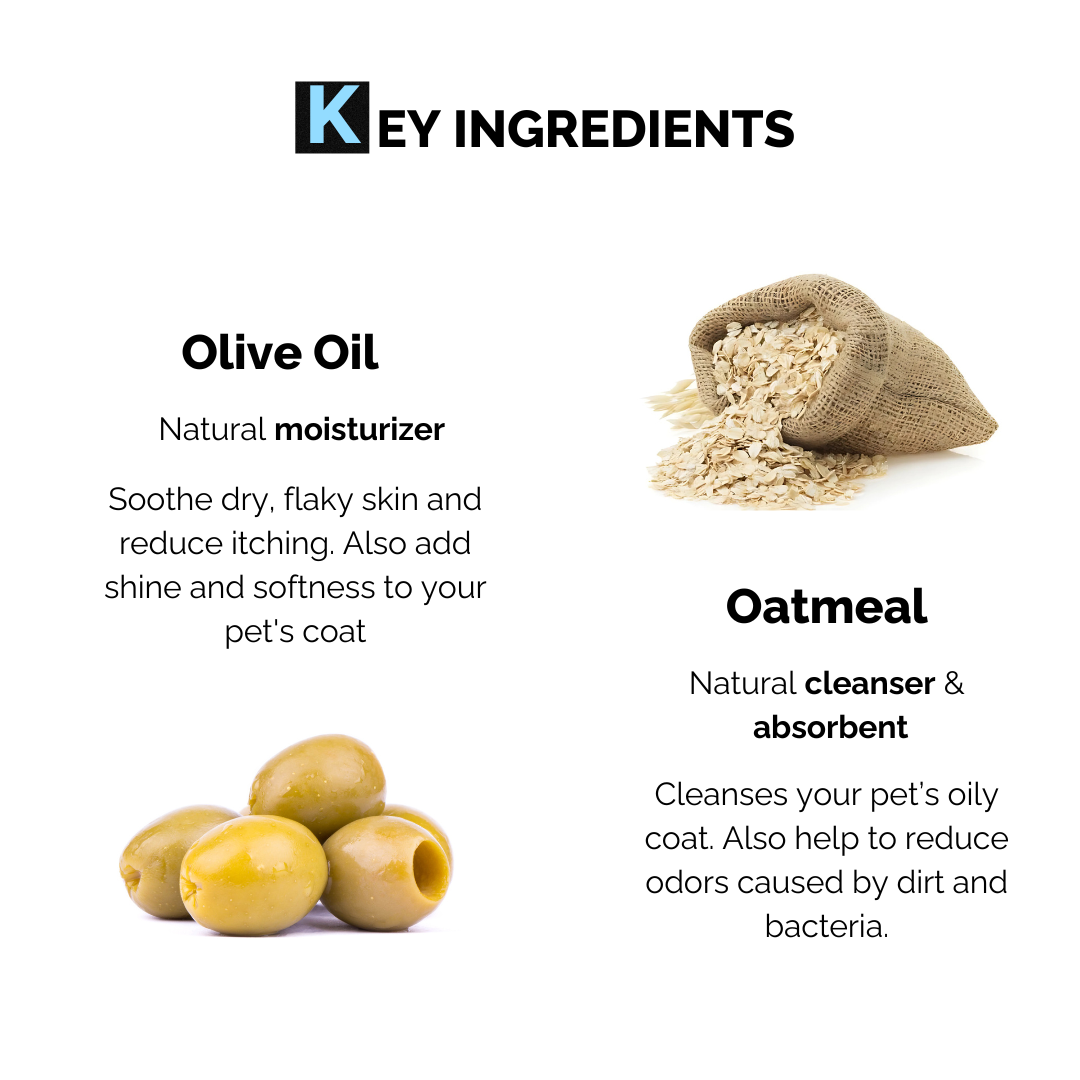 Moe Puppy Rinse Free - Dry Shampoo for Dogs & Cats key ingredients are olive oil and oatmeal