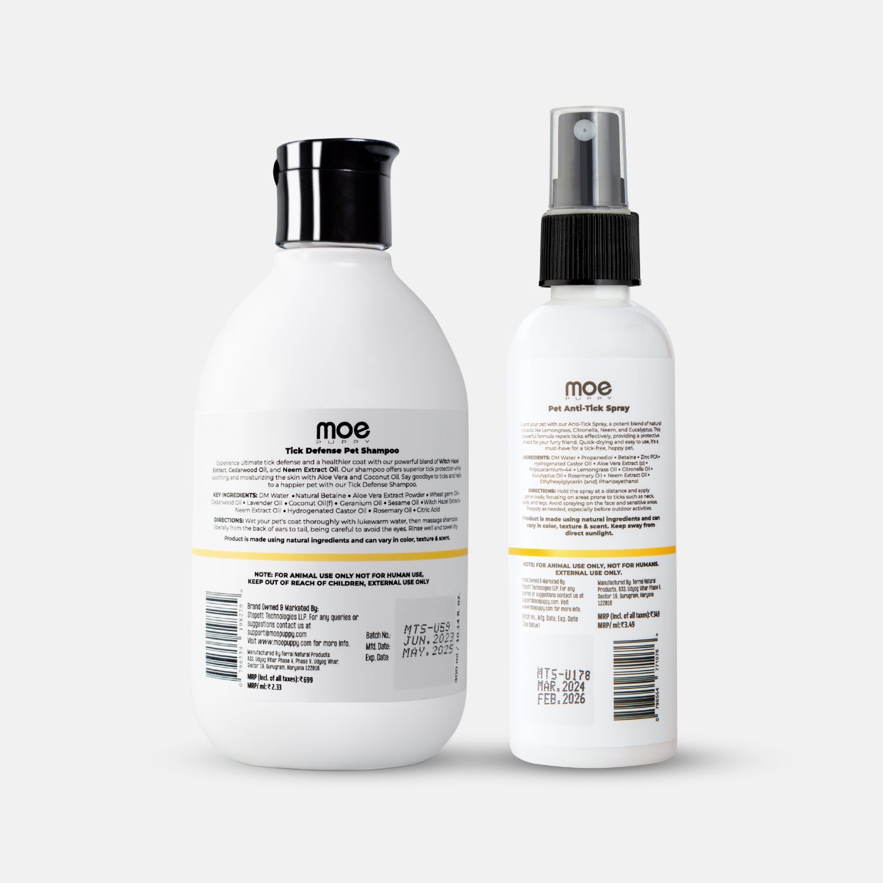 Moe puppy shampoo and tick spray bottles from the back