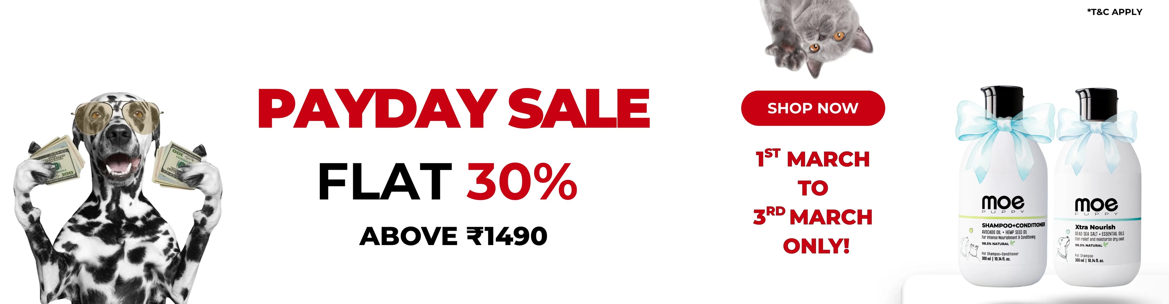 Advertisement for a payday sale with a dog holding money, a cat, and two bottles of moe products.