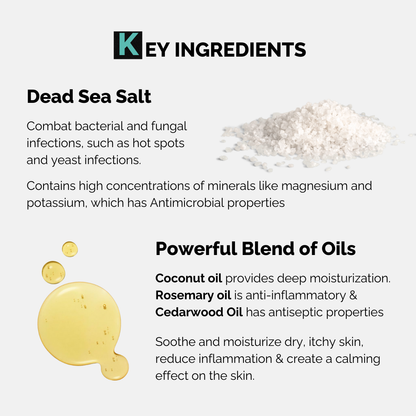 Moe Puppy Xtra Nourish Medicated Shampoo for Dogs & Cats key ingredients are dead sea salt and powerful blends of oils